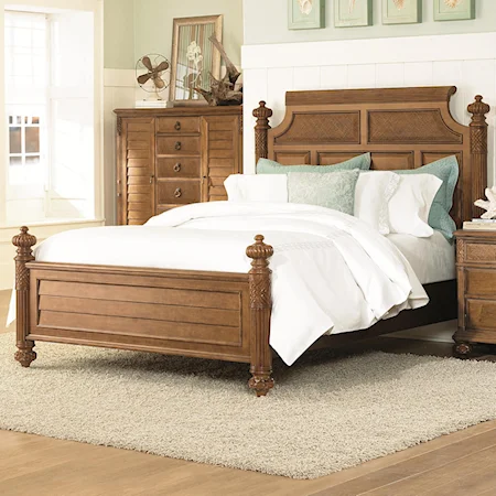Queen-Size Island Headboard & Footboard Bed with Woven Panels & Carved Textural Details